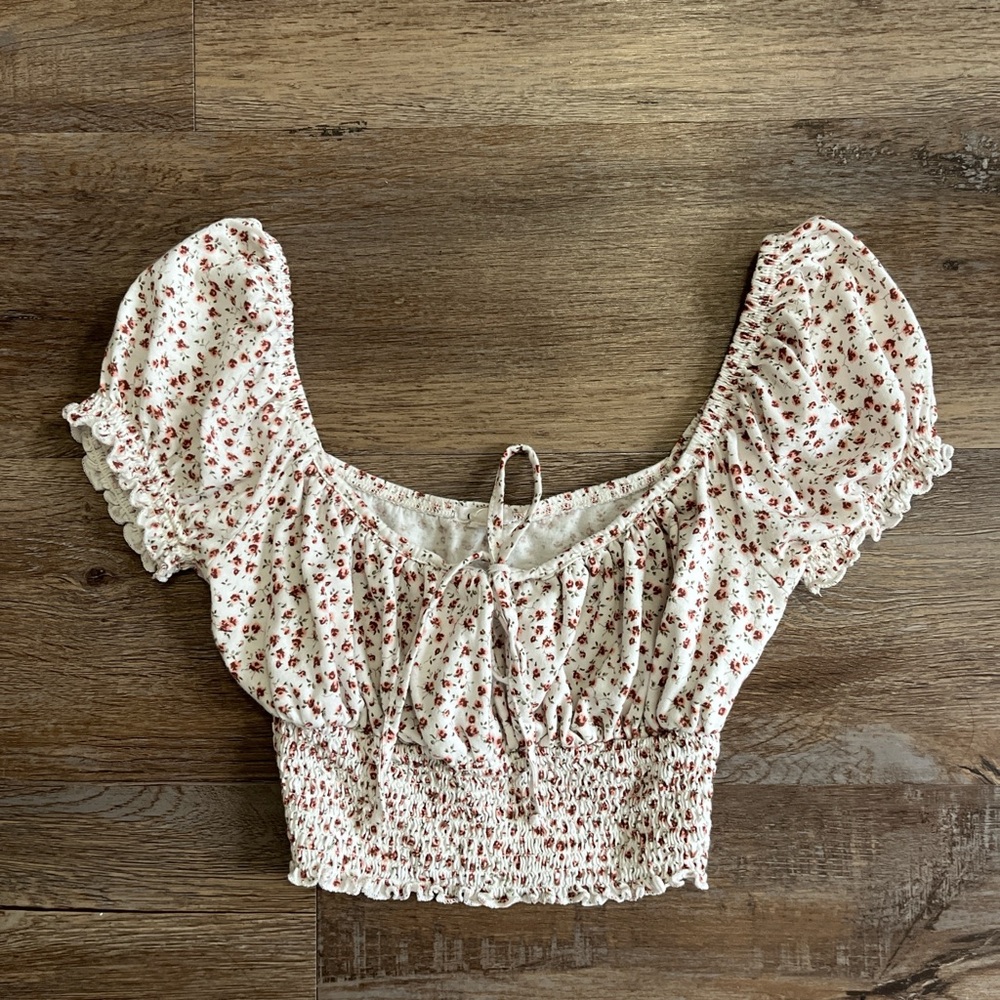Garage White and Red Floral Smocked Blouse